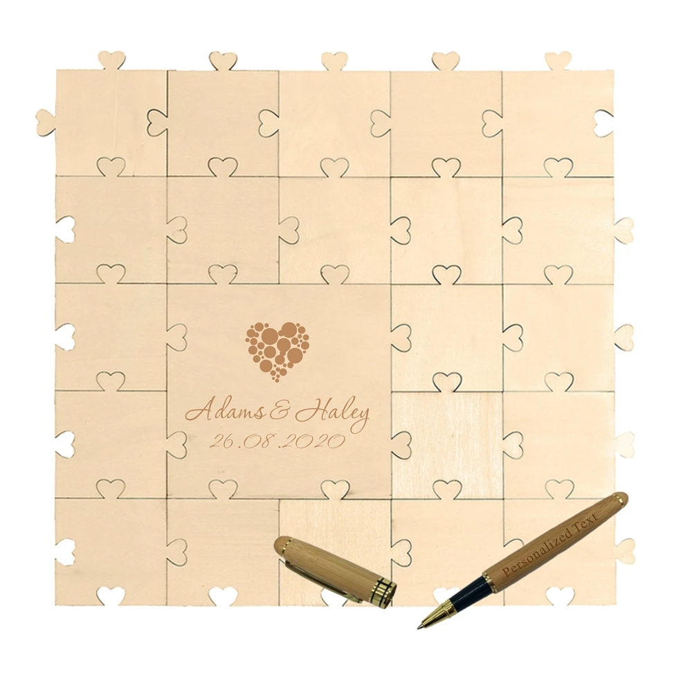 Rompecabezas de madera grabado personalizado, libro de visitas de boda, rompecabezas cuadrado de corazón, pluma de bambú, regalo de boda