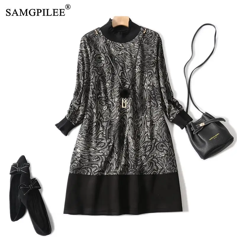 

Winter Dresses For Women 2022 Office Lady A-line Print Three Quarter Sleeve Knee-length O-neck Dress For Parties 4XL
