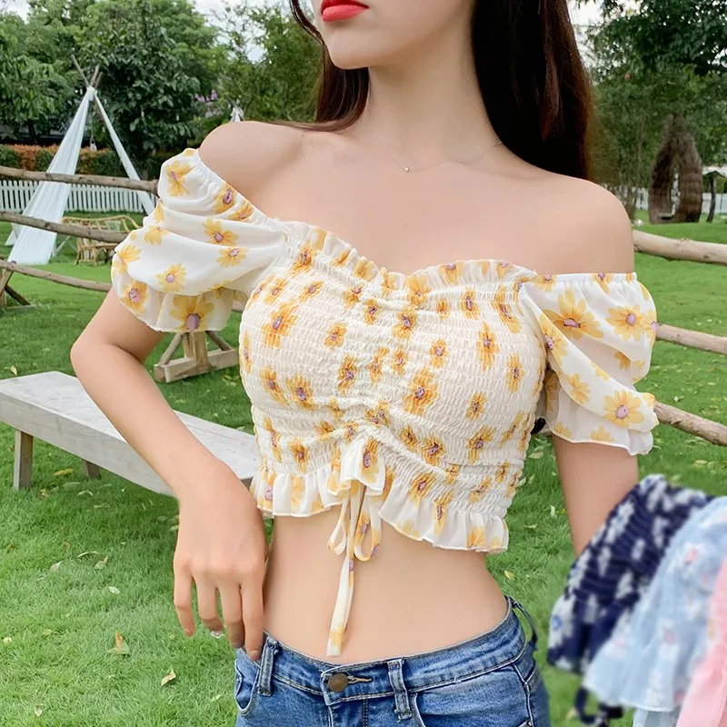 

Women's Floral Print Blouses Short Sleeve Summer Slash Neck Sexy Sweet Pleated Shirt Tops