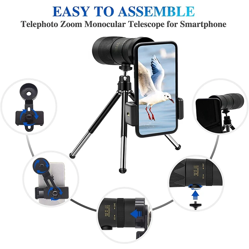 

8-24X40 mm Telephoto Retractable Zoom Monocular Telescope with Tripod for Smartphone, for Bird Watching/Camping