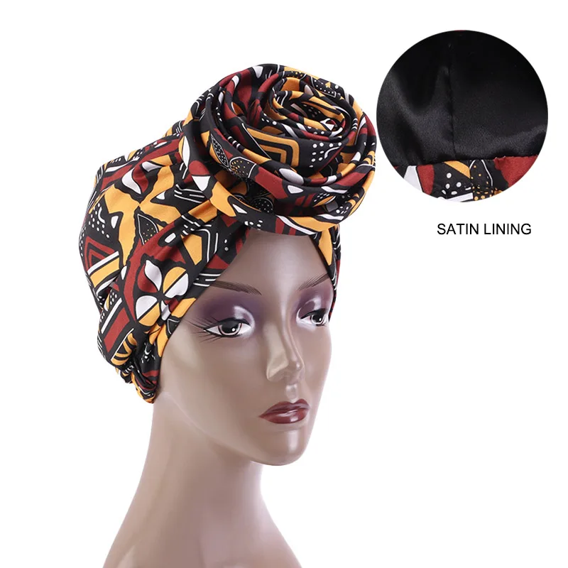 

12pcs/lot African Pattern Wowen Knot Headwrap Pre-Tied Knotted Turban Bonnet Satin linned Beanie Headscarf Cap Headwear