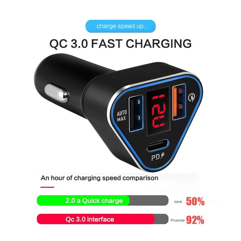 3 в 1 Автомобильное зарядное устройство QC 0 USB PD Type C Быстрая зарядка ЖК дисплей для