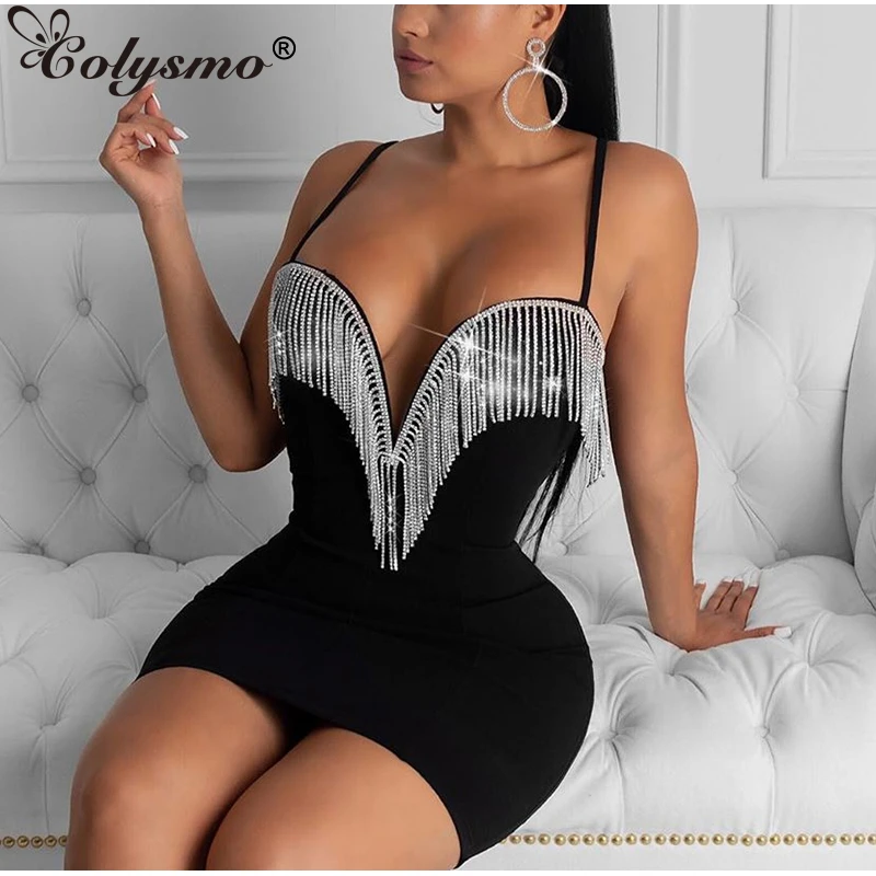 

Colysmo Crystal Fringe Party Dress Women Summer Spaghetti Straps Backless Curve Low Cut Sexy Club Dress Bodyocn Black Dresses