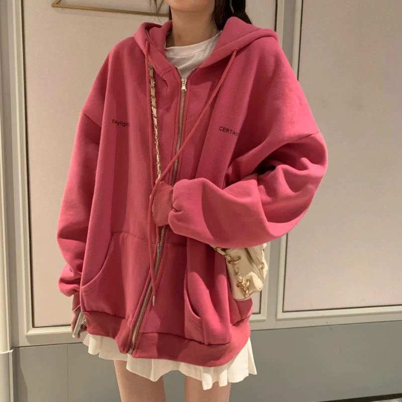

Zip-up female Korean style vintage hoodies solid color long sleeve oversized with hoodie sweatshirt lady casual hoodies large