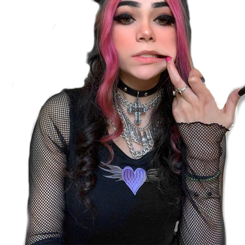 Женская футболка с длинным рукавом Goth черная сетчатая вышивкой и графическим