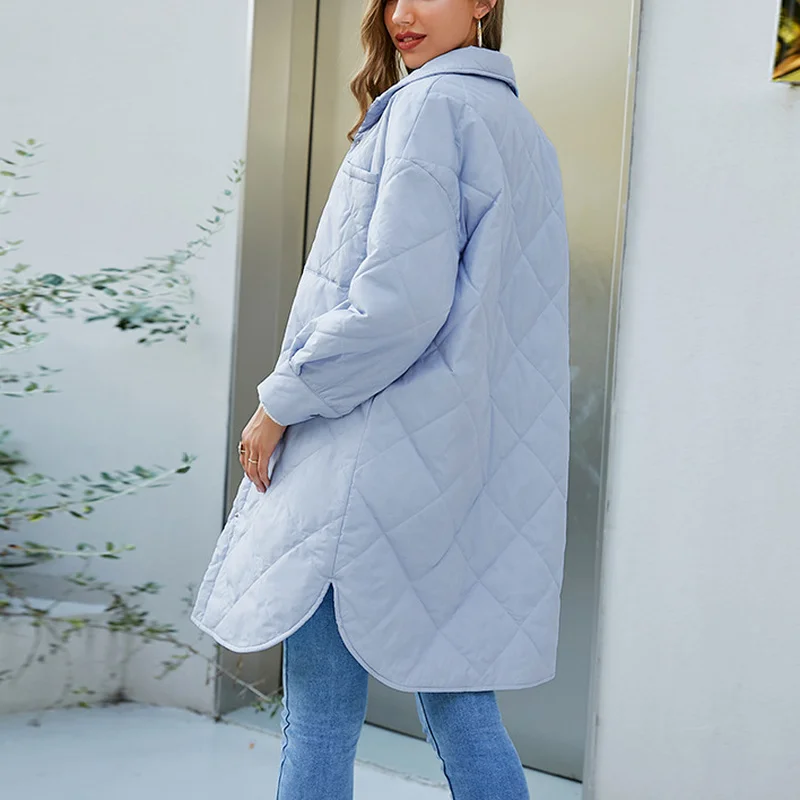 

Autumn Winter Blue Cotton Padded Jacket Coat Women 2022 Loose Argyle Office Outerwear Ladies Quilted Coats Lined Puffer Jacket
