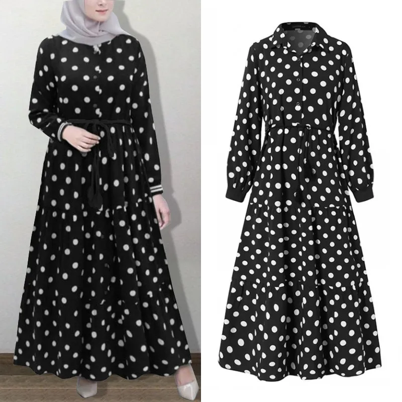 

Women's Polka Dot Sundress ZANZEA 2023 Elegant Muslim Printed Dress Puff Sleeve Shirt Vestidos Female Button Dubai Abaya Robe