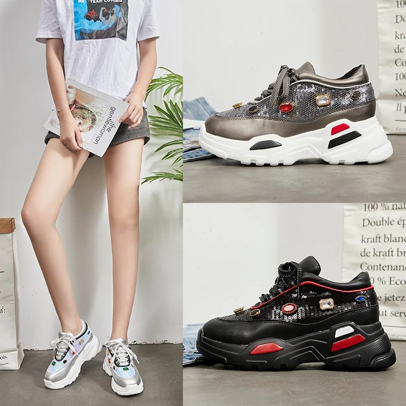 Трендовые женские массивные кроссовки Женская обувь с блестящими драгоценными