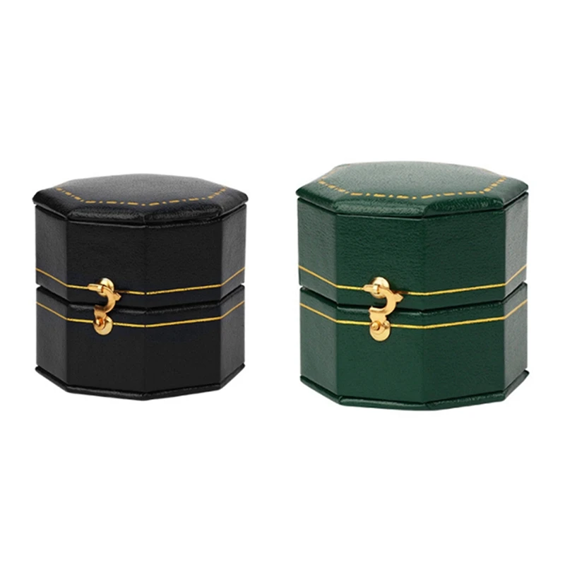 

2PC Mini Octagonal Pu Leather Vintage Jewelry Display Proposal Wedding Ring Box For Men And Lovers Dating, Black & Green