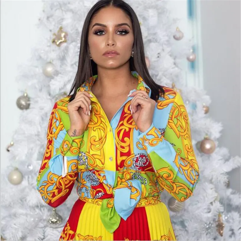 

2021 new lapel long sleeve High waist slim pleated skirt Women's Birthday Costume Vacation Costume Plus size print dress