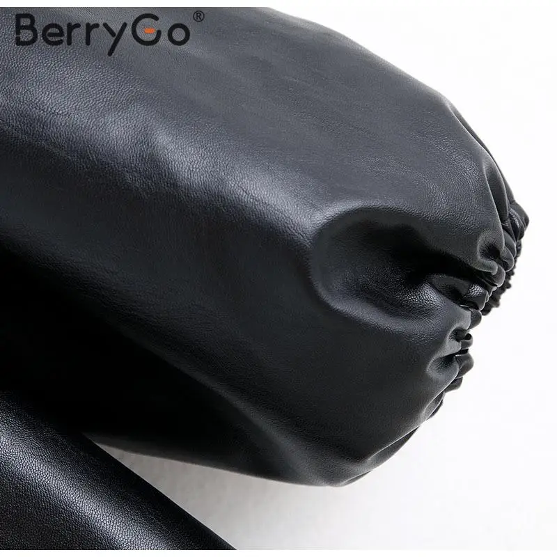 BerryGo Модные Куртки из искусственной кожи для женщин, женская верхняя одежда с пышными рукавами, пальто, Осень-зима, мотоциклетная куртка-бомбер из искусственной кожи, черная куртка