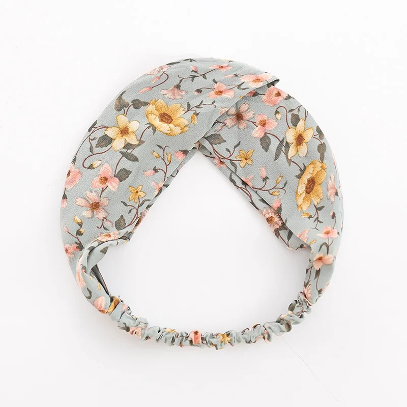 

2021 New Women Print Holly Flower Headbands Fashion Cross Hair Bands Vintage Turban Chiffon Hair Accessories Nj0044