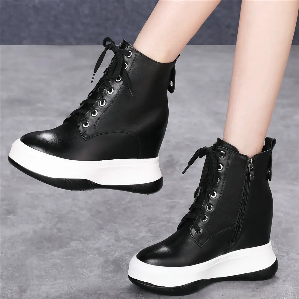 

Lace Up Creepers Women Genuine Leather Wedges High Heel Ankle Boots Female High Top Winter Warm Fashion Sneakers Casual Shoes