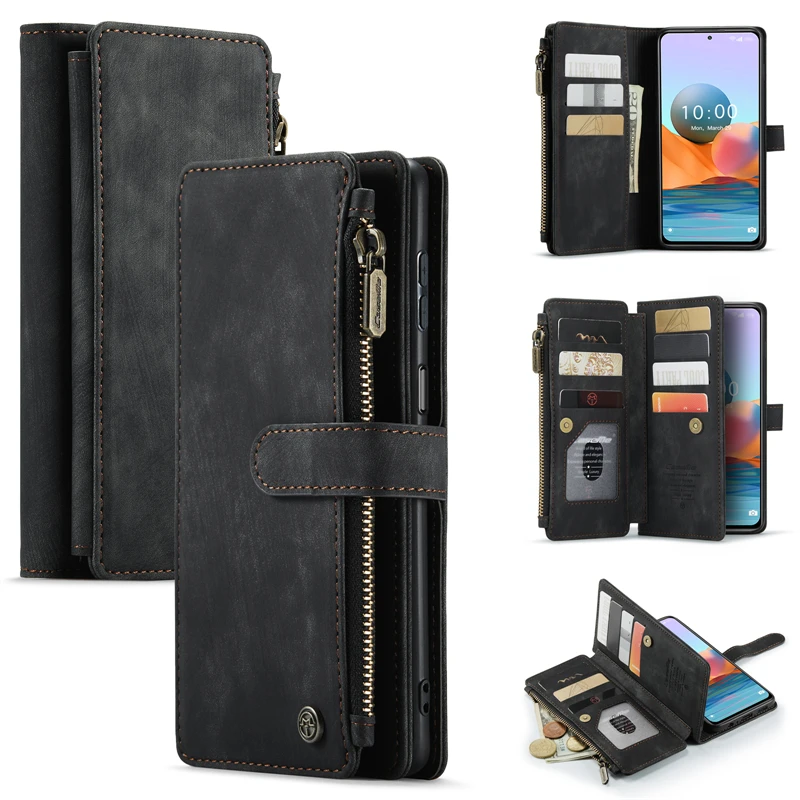 

2021 Multifunction Flip Leather Case For Xiaomi Redmi Note 10 Pro Max Note 9 Pro Note 9S Zipper Wallet Purse Book Phone Cases