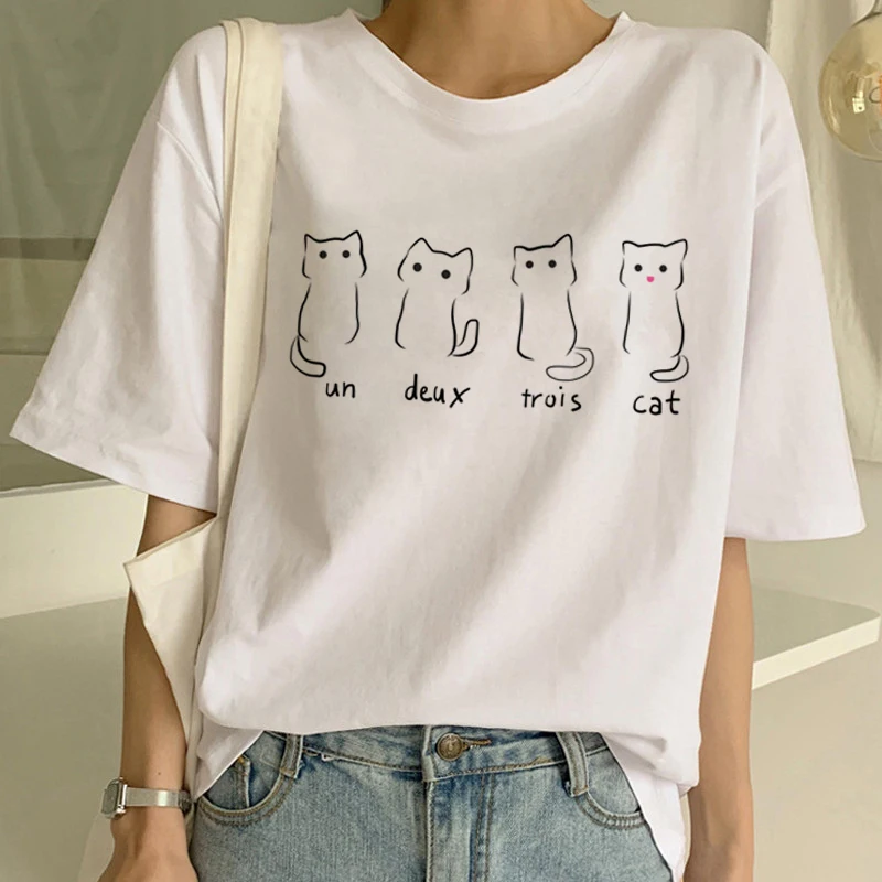 Футболка Kawaii Cat Meow женская футболка с забавным мультяшным принтом Harajuku 90s летняя