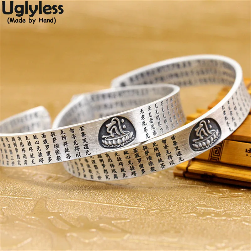 

Uglyless LOVE & PEACE Buddha Bless U Religious Gifts Jewelry for Women Solid 999 Fine Silver Wide Bangles Prajna Paramita Sutra