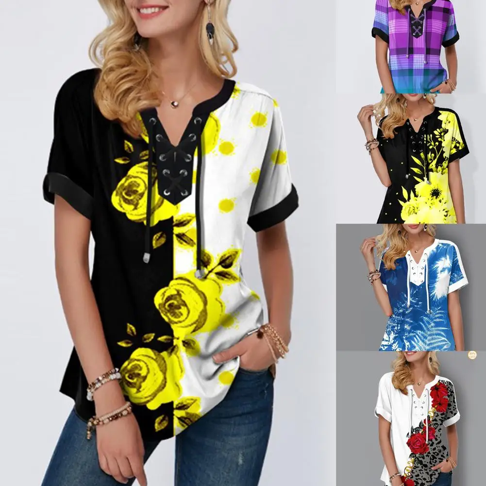 

Plus Size Summer Blouse Casual Loose Floral Printed Lacing Women Short Sleeve V Neck Party Elegant Fashion Vintage Blouse