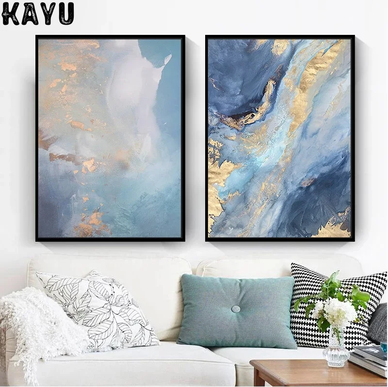

Wall Picture Modern Abstract Blue Marble Gold Foil Blue Color Canvas Painting For Living Room Bedroom Posters Prints Home Decor