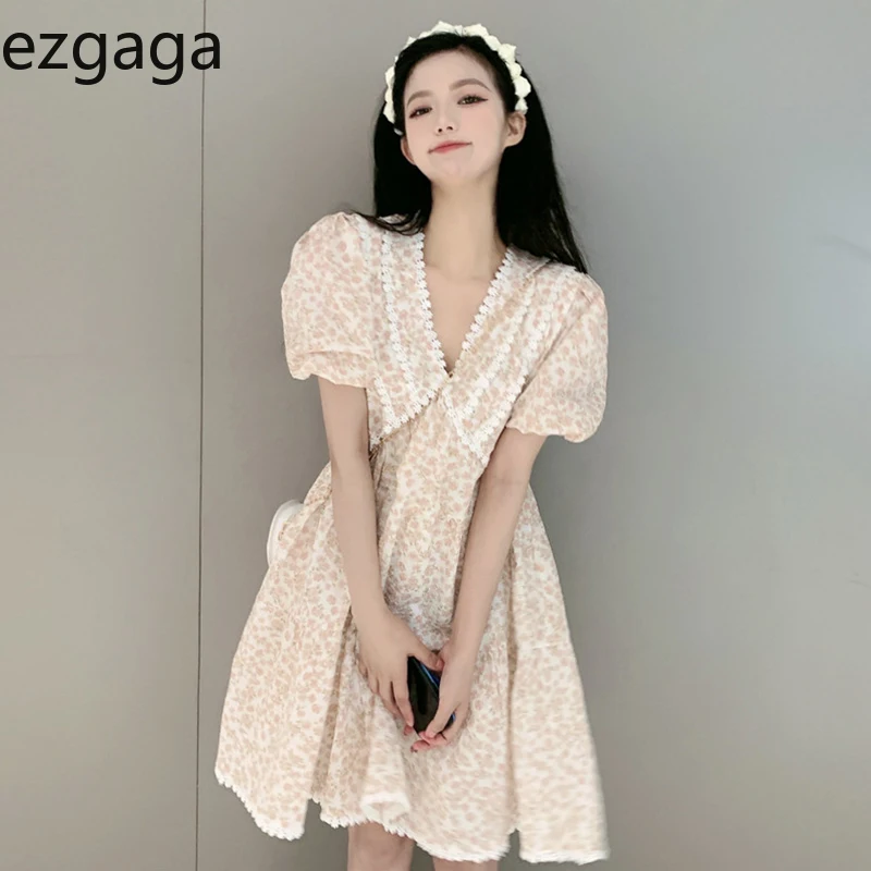 Женское платье с коротким рукавом и цветочным принтом Ezgaga кружевное лоскутное