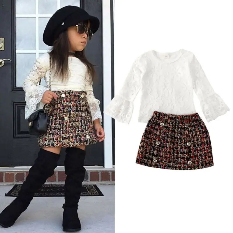 1-6T Kid Baby Girl Clothes White Lace Flare Ruffle Long Sleeve T-Shirt Tops Kids Skirt Girls Outfit Casual Clothing | Мать и ребенок