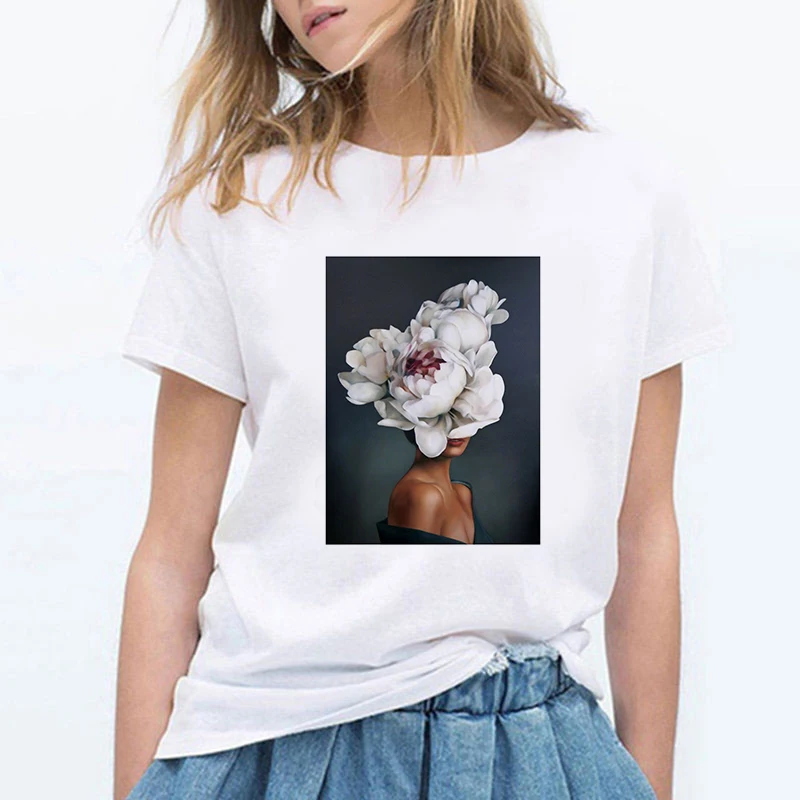 

Harajuku sexy beautiful flowers printed T shirt Women's casual T-shirt fashion Korean trend white top female Tshirt