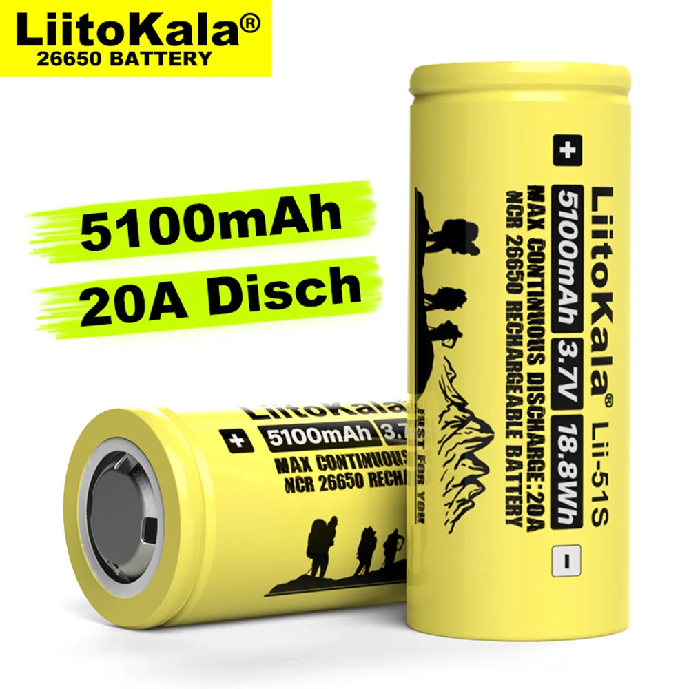 

4-20PCS Liitokala 26650 rechargeable battery, 26650A power lithium battery, 3.7V 5100mA 26650-50A blue. Suitable for flashlight