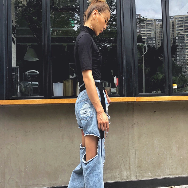 TWOTWINSTYLE Streetwear Ripped Hole Straight Denim Pants For Women High Waist Pants Female Fashion Clothes Summer New