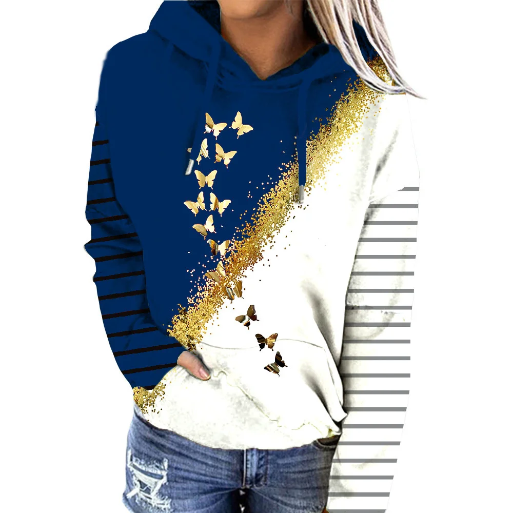 

Women's Sweatshirt Hooded With Bronzing Butterfly Print Casual 2021 Spring Autumn New Street Hipster Personality Ladies Tees