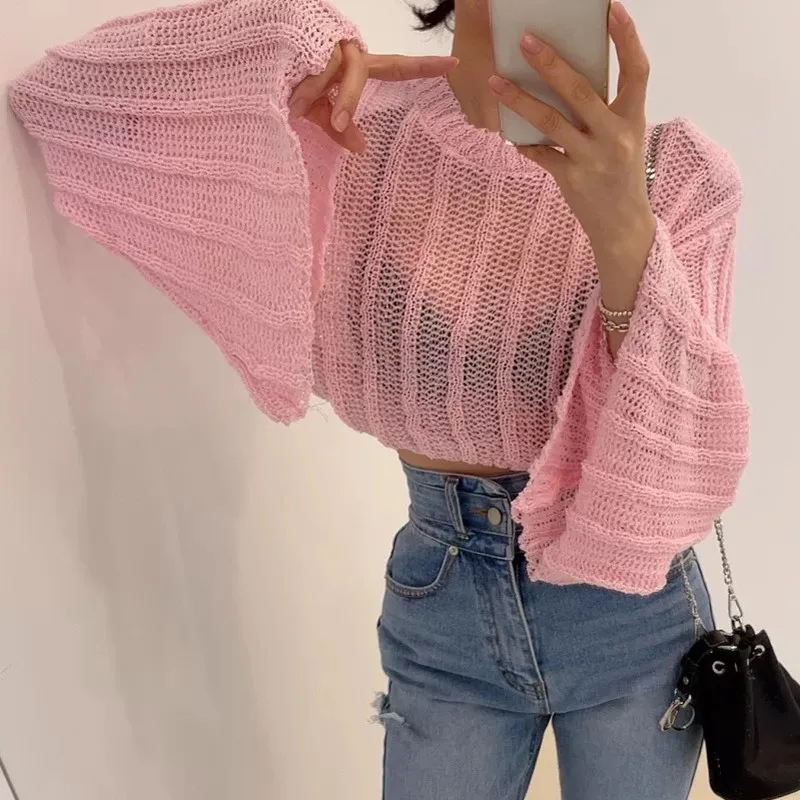 

Spring And Summer Office Lady Fashion Round Neck Wild Loose Short Trumpet Sleeve Hollow Out Thin Knit Solid Color Blouse Top