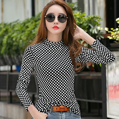Black Polka Dot Shintimes Красная футболка в горошек женская одежда осень водолазка, футболка с длинными рукавами для женщин повседневные футболки Femme - Цвет: Black Polka Dot