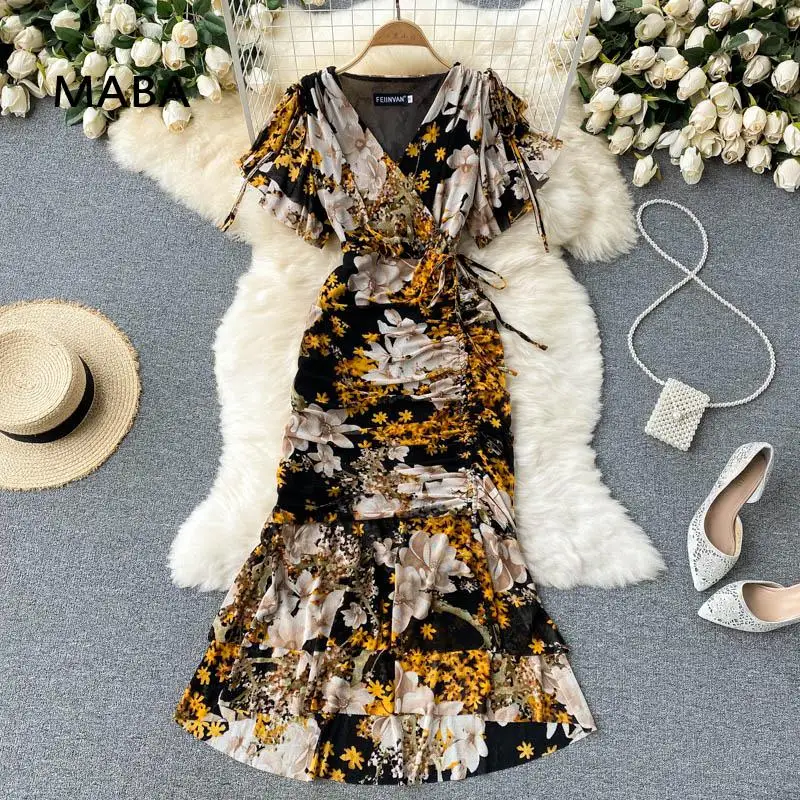 

Elegant fashion Mermaid Dress women's V-neck slim fit draw string Maxi Dress summer new mesh MIDI dress 2021 Vestidos Robes