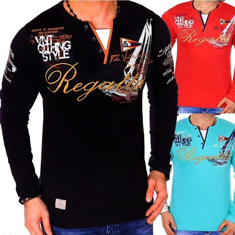 Рубашка-поло мужская с длинным рукавом V-образным вырезом | Мужская одежда