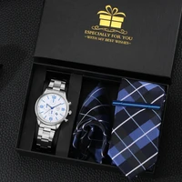 fashion tie watch set men silver classic quartz watch mans blue plaid square scarf neck ties kit luxury gifts with box for male