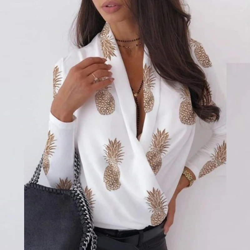 

2021 Pineapple Print Shirts Autumn Spring Office Female Sexy V-Neck Blouse Tunic Top For Women Long Sleeve Formal Shirt Blusas