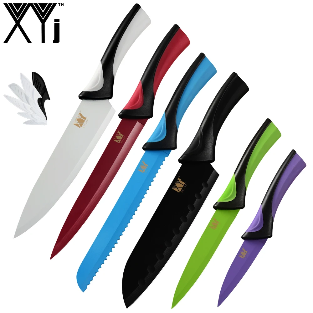B.6PCS SET XYj 8 шт. набор кухонных ножей для приготовления пищи из нержавеющей стали с острым лезвием, пластиковой красочной ручкой, держатель для поварских ножей, точилка, инструмент для приготовления пищи - Цвет: B.6PCS SET