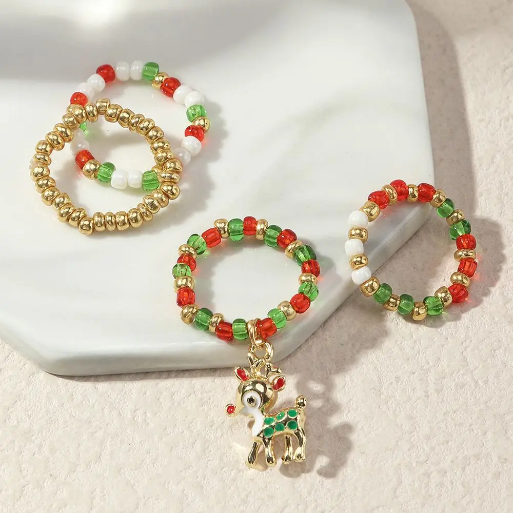 

4pcs Christmas Ring Set Handmade Red Green Glass Bead Ring With Alloy Elk Gift Pendant Bohemian Fashion Jewelry Women