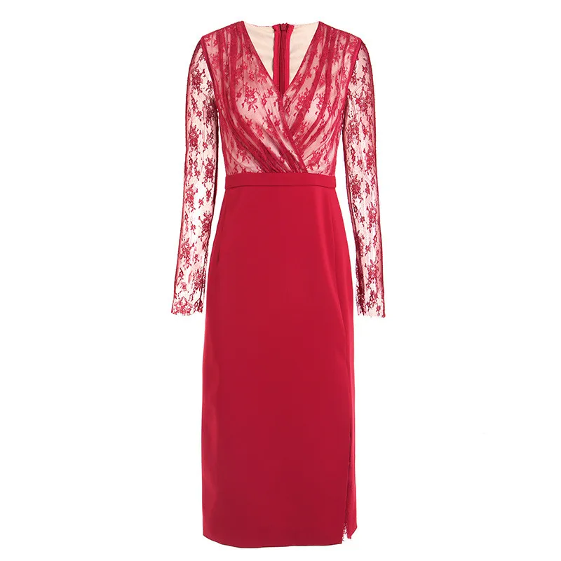 

Spring Autumn Dress Women Long Sleeve V-Neck Lace Stitching Split Red Black Elegant Fashion Midi Maxi Lady Evening Dresses Robe