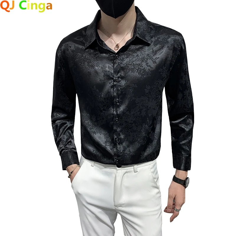 

Black Printed Long Sleeve Shirt Men's Single Breasted Lapel Men Dress Shirts Business Casual Male Top White Camisa M-3XL 4XL 5XL