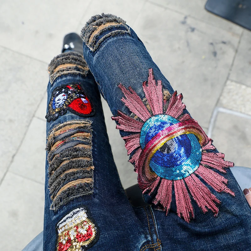Fashion Sequins Crown Planet Patch Jeans Trousers Female High Waist Ripped Denim Pants Woman Casual Plus Size For Women | Женская одежда