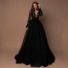 Женское вечернее платье с длинным рукавом, черное платье с глубоким V-образным вырезом, в арабском стиле, для выпускного вечера, 2019