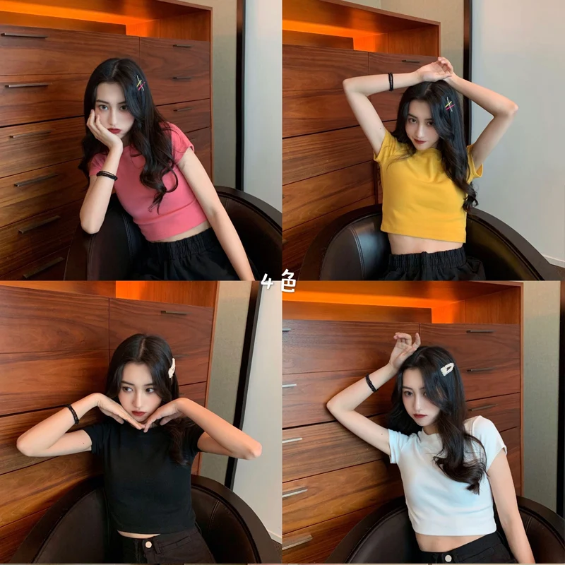 

2020 Summer New Style Korean-style O-neck Short Crop-Top Short Sleeve T-shirt Female Inner Bottoming Shirt Slim Fit Slimming Top