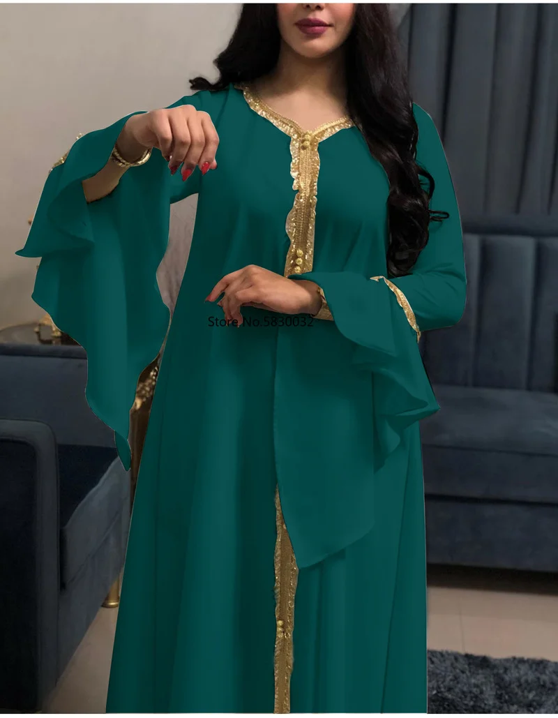 Muslim Women  Maxi Dress Jalabiya Dubai Abaya Long Sleeve  Golden Ribbon Islamic  Clothing Robe Kaftan Moroccan  Turkey Fashion