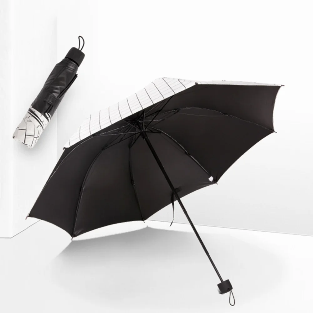 

3 Section 8 Ribs Plaid Pattern Sunshade Umbrella Practical Foldable UV-Resistant Umbrella Mini Accessory (Wh