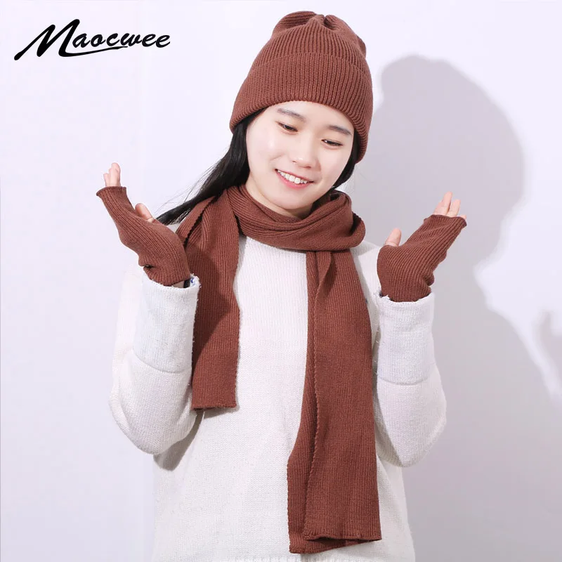 Новинка женские зимние перчатки с кроличьим мехом шарф шапка комплект из трех