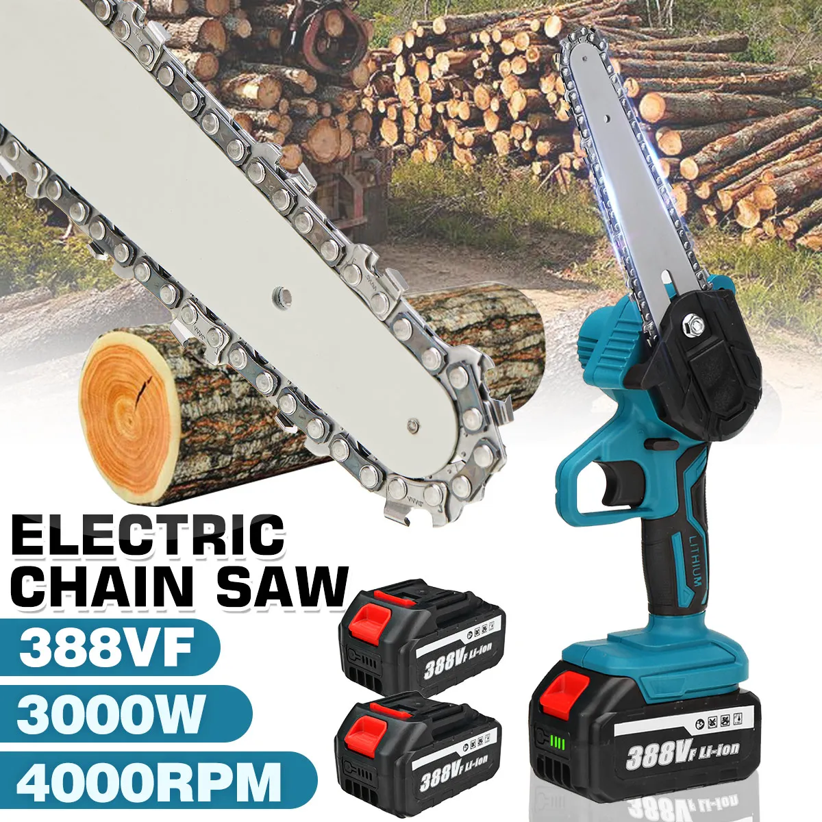 

388V 3000W 6 Inch Mini Electric Chain Saw With 2Pcs Battery Woodworking Cutter Pruning Chainsaw Garden Logging Saw Power Tool