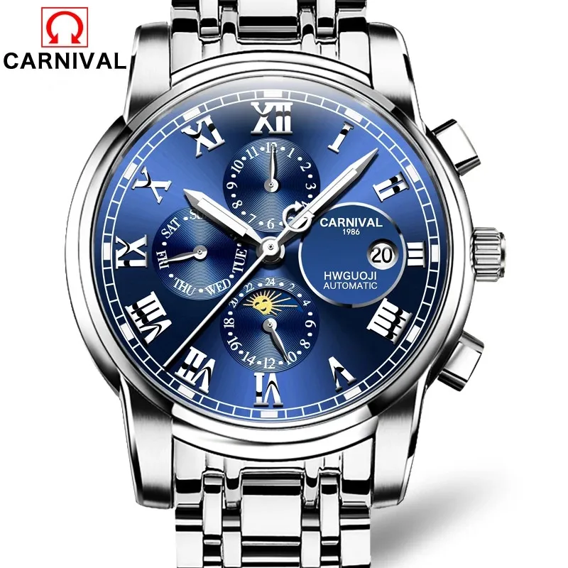 2021 CARNIVAL Fashion Automatic Military Watch Men Luxury Moon Phase Mechanical Wristwatch Waterproof Luminous Relogio Masculino