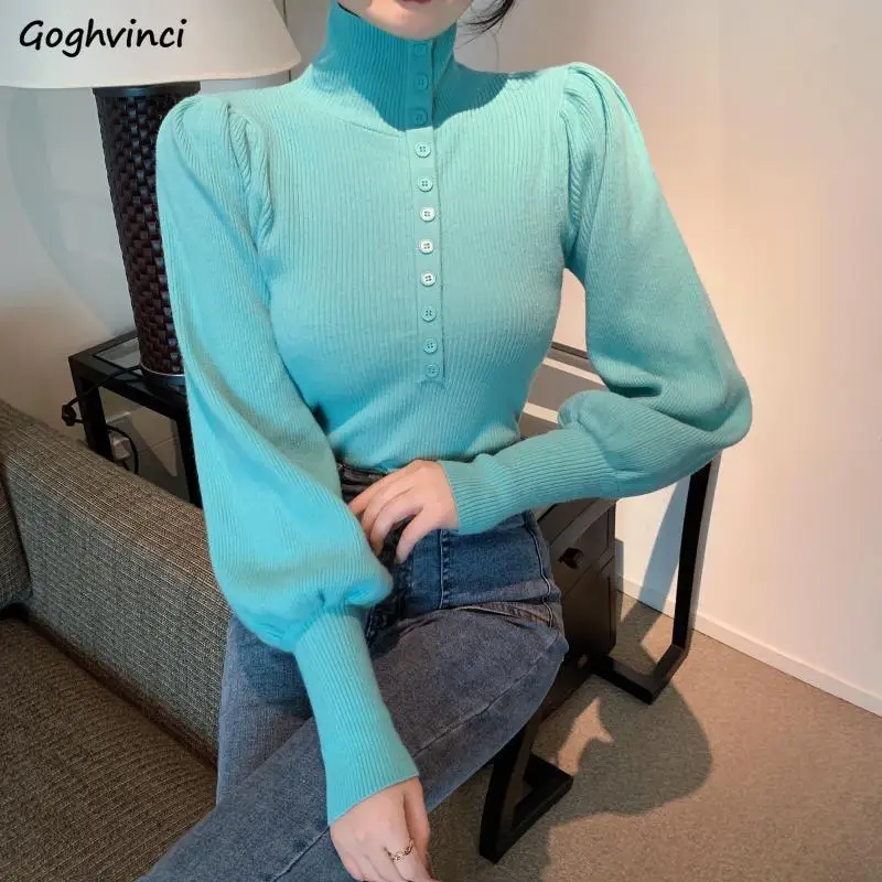 

Women Pullovers Knitted Turtleneck Button Lantern Sleeve Colorful Winter Elastic Sweaters Korean Style Fashion Chic Ins Jumper