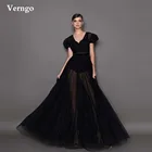 Черные тюлевые вечерние платья-трапеции в горошек Verngo 2021, женское строгое вечернее платье с коротким рукавом и V-образным вырезом