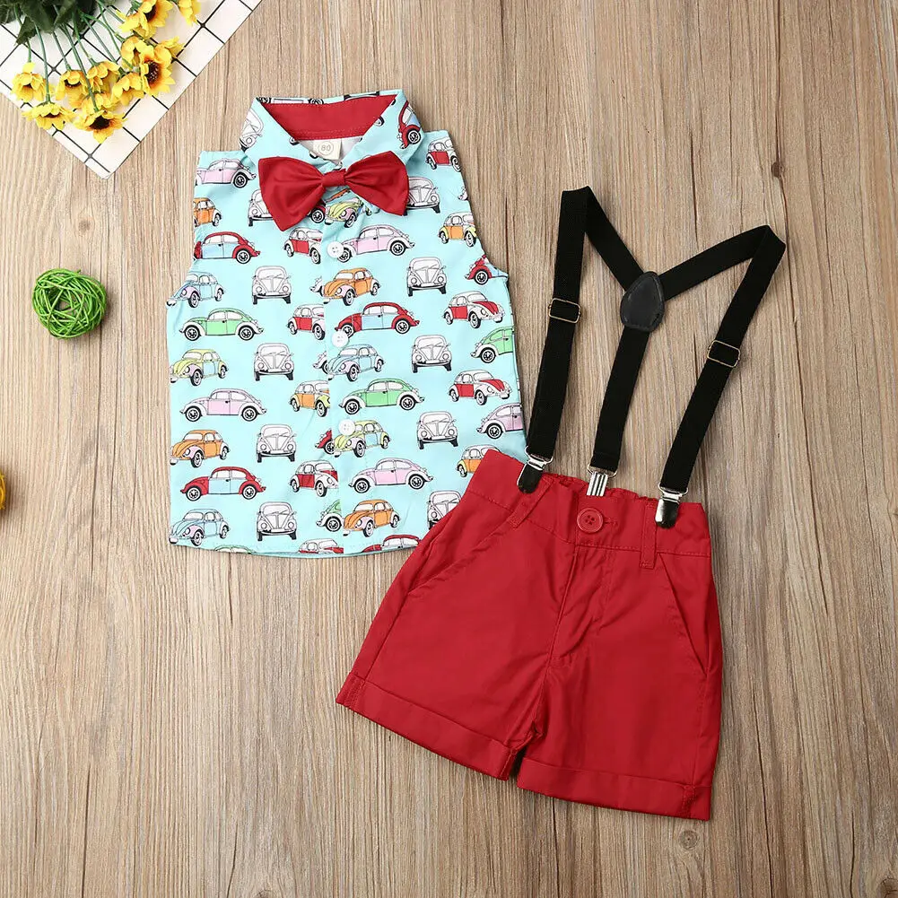 2PCS Kids Baby Boy Gentleman Clothes Cartoon Car Tops Shorts Outfits Set Summer |