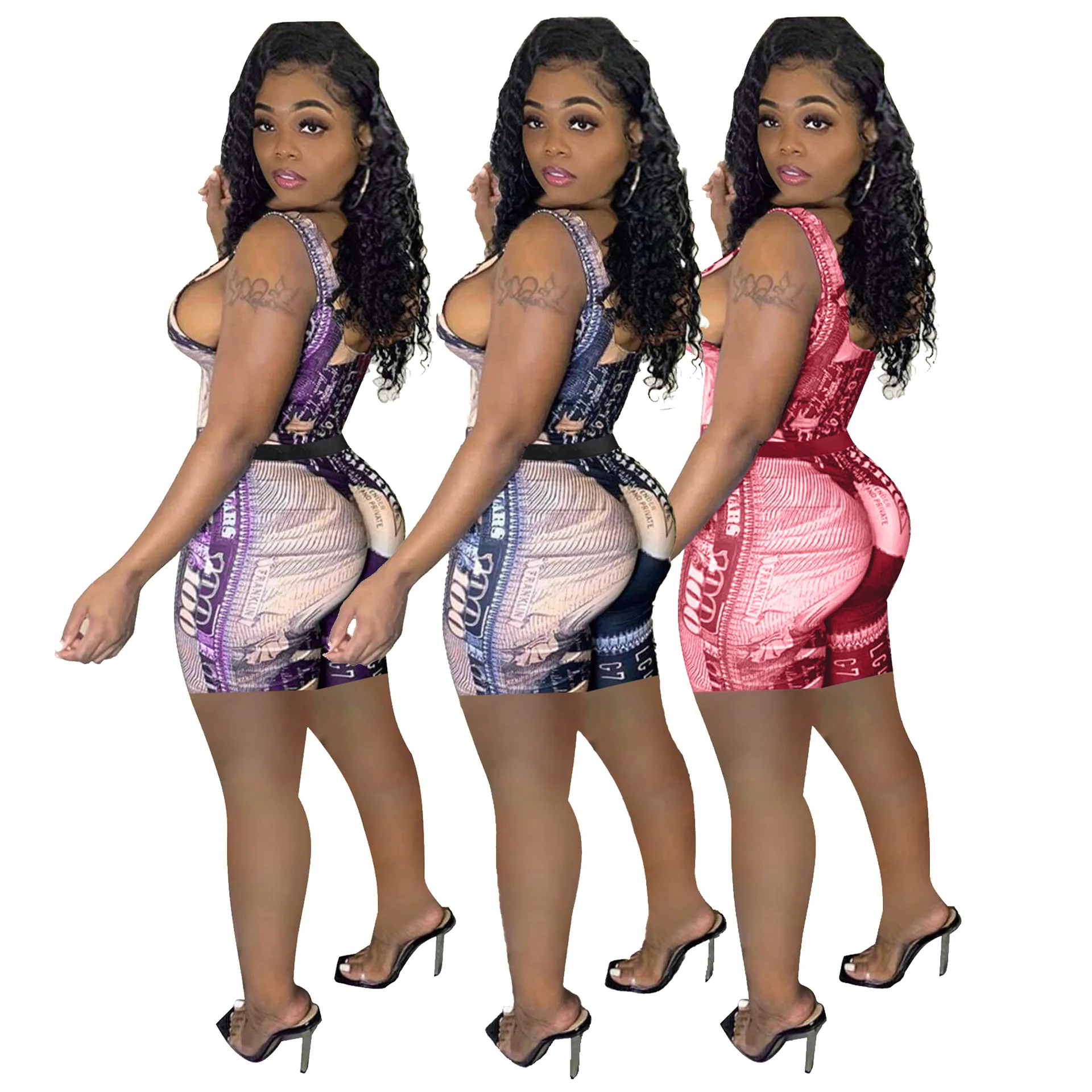 

Europe and the United States women's bills printed sexy vest shorts two-piece outfit